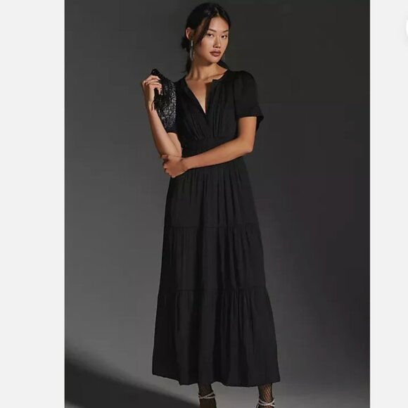 Anthropologie Somerset Satin Maxi Silky Flowy Black Tiered Dress Size XS New - Picture 2 of 3